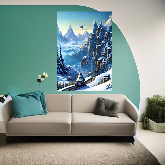 Winter, Schnee, Bergdorf | AI Art Poster