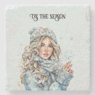 Winter-Schnee-Blond-Haar-Mädchen-Schneeflocken-Wei Steinuntersetzer