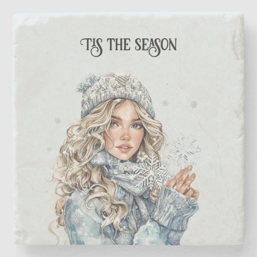 Winter-Schnee-Blond-Haar-Mädchen-Schneeflocken-Wei Steinuntersetzer (Vorderseite)