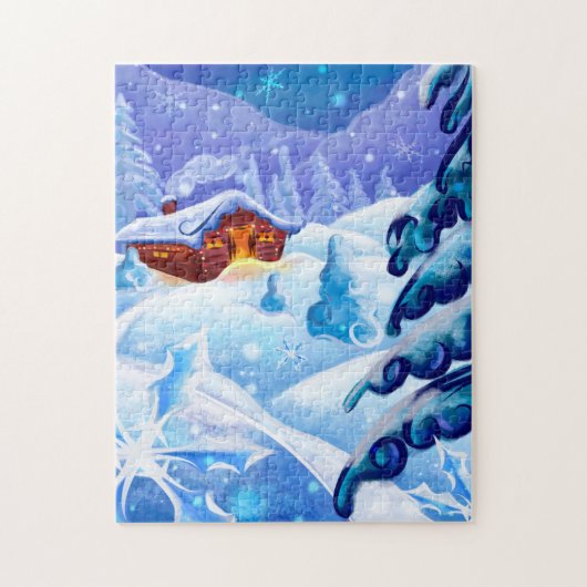 Winter-Schnee-Hütten-Landschaftskunst-Puzzle Puzzle (Vertikal)