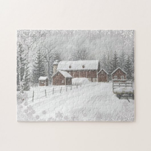 Winter-Schnee-Rote-Scheune-Farm Puzzle (Horizontal)