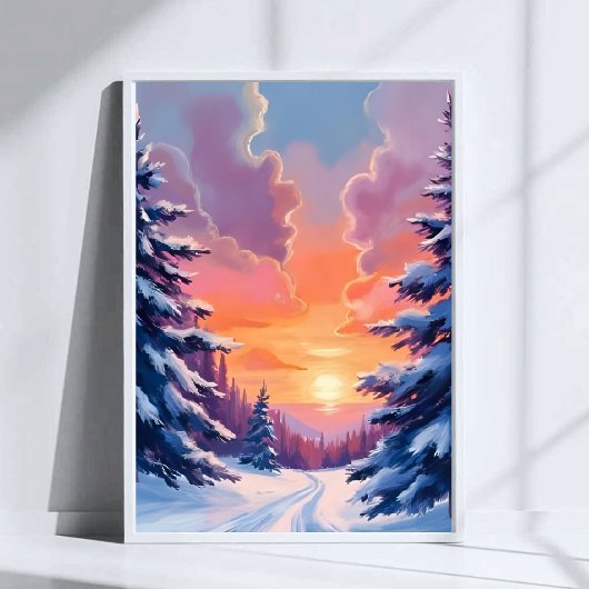Winter-Schnee-Sonnenuntergang | Aquarell-Landschaf Poster