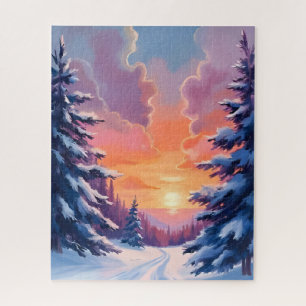 Winter-Schnee-Sonnenuntergang Aquarell-Landschaf Puzzle