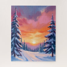 Winter-Schnee-Sonnenuntergang | Pastell-Aquarell-M