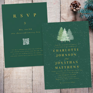Winter-Schnee-Wald-Grün-Gold-Hochzeit-QR-Code Einladung