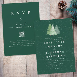 Winter-Schnee-Wald-Wasserfarben-Hochzeit-QR-Code Einladung