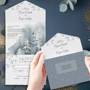 Winter-Schnee-Wald-Watercolor-Hochzeit mit RSVP All In One Einladung