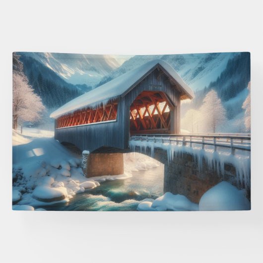 Winter, schneebedeckte Brücke und Fluss Banner (Horizontal)