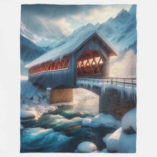 Winter, schneebedeckte Brücke und Fluss Fleecedecke (Vorderseite)