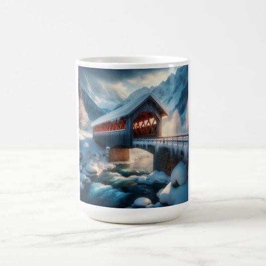 Winter, schneebedeckte Brücke und Fluss Kaffeetasse (Mittel)
