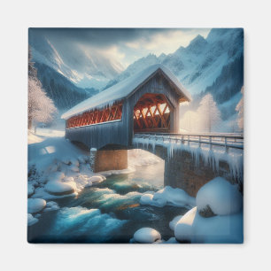 Winter, schneebedeckte Brücke und Fluss Magnet