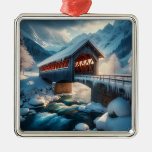 Winter, schneebedeckte Brücke und Fluss Ornament Aus Metall
