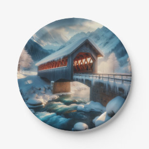 Winter, schneebedeckte Brücke und Fluss Pappteller