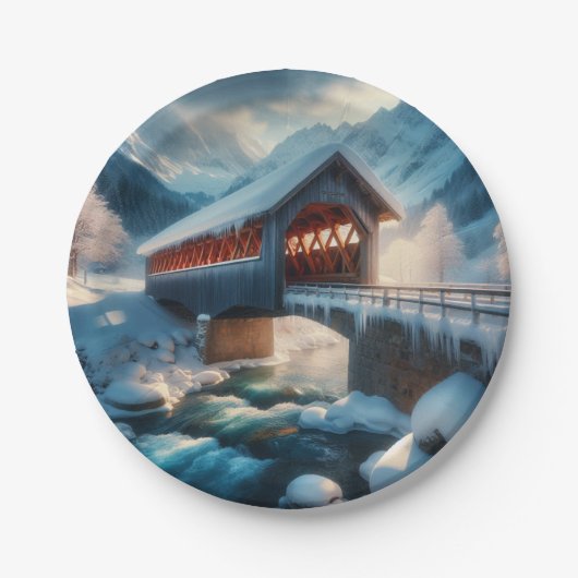 Winter, schneebedeckte Brücke und Fluss Pappteller (Vorderseite)