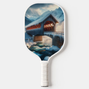 Winter, schneebedeckte Brücke und Fluss Pickleball Schläger