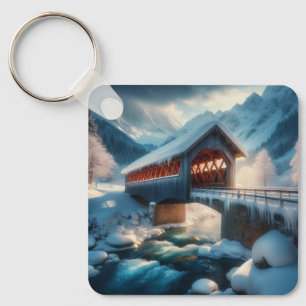 Winter, schneebedeckte Brücke und Fluss Schlüsselanhänger