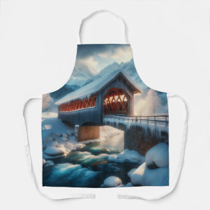 Winter, schneebedeckte Brücke und Fluss Schürze