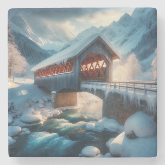 Winter, schneebedeckte Brücke und Fluss Steinuntersetzer (Vorderseite)