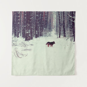 Winter schneebedeckter Kiefernwald, Hundeschlitten Wandteppich