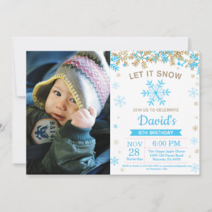 Winter-Schneeflocke Blau und Gold Junge Geburtstag Einladung