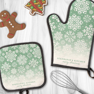 Winter-Schneeflocken auf Green Niedlich Ombre Weih Ofenhandschuh & Topflappen-Set