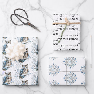 Winter-Schneeflocken Blaue Eule Weihnachten Schnee Geschenkpapier Set