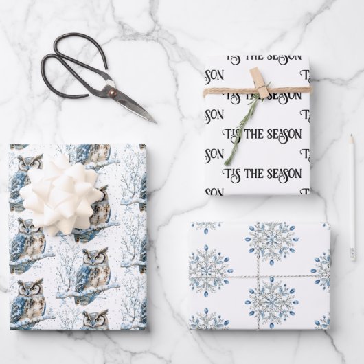 Winter-Schneeflocken Blaue Eule Weihnachten Schnee Geschenkpapier Set (Vorderseite)