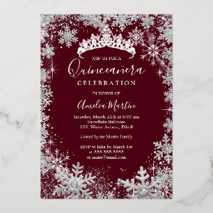 Winter-Schneeflocken-Silber-Burgunder-Quinceanera Folieneinladung