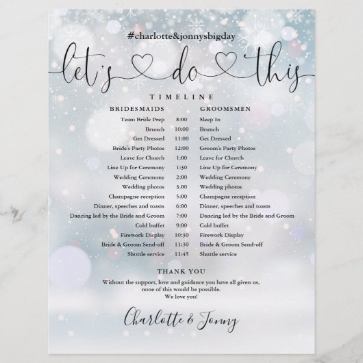 Winter-Schneeflocken-Skript Hochzeitsplan Zeitachs (Vorderseite)