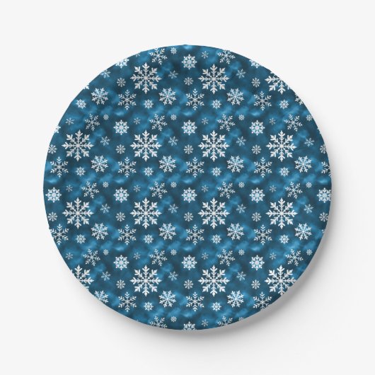 Winter-Schneeflockenmuster auf kühlem blauem Hinte Pappteller (Vorderseite)