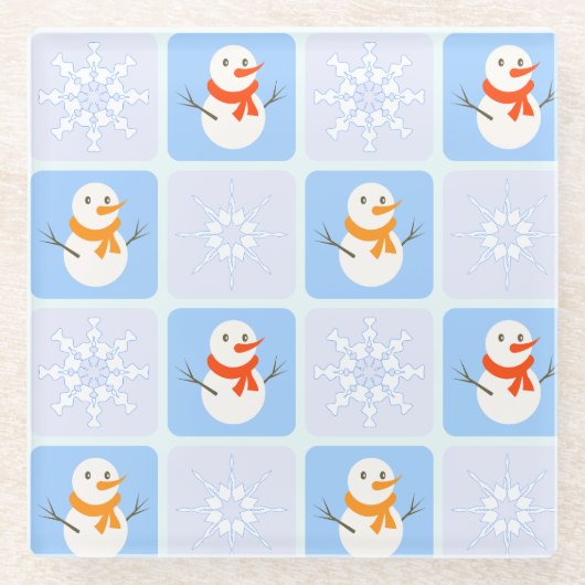 Winter Schneemann und Schneeflocken Glasuntersetzer (Vorderseite)
