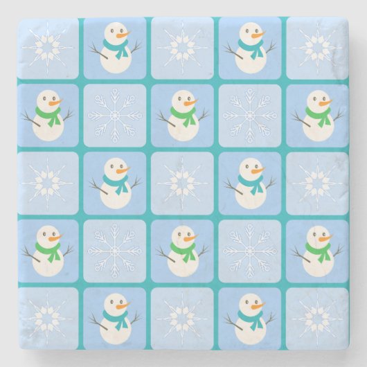 Winter Schneemann und Schneeflocken Steinuntersetzer (Vorderseite)