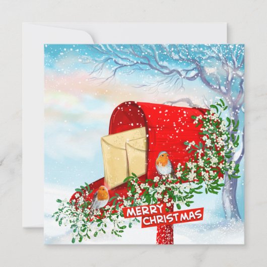 Winter-Schneevögel und rote Postbox-Weihnachtskart (Vorderseite)
