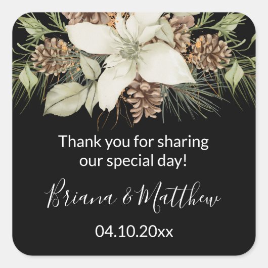 Winter Schwarz-weiß Elegante Script-Gastgeschenk H Quadratischer Aufkleber (Vorderseite)