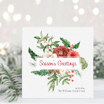 Winter Season's Greetings Holiday Christmas Card<br><div class="desc">Winter Season's Greetings Holiday Christmas Card. This beautiful square holiday card features elegant watercolor red flowers with holly berries, pinecones, and greenery on white background with a 'Season's Greetings' in an elegant handwritten script | calligraphy. The back of the card includes a message for personalizing. Find matching items in the...</div>