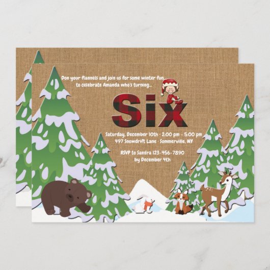 Winter Sechs Geburtstagsparty Einladung (Vorne/Hinten)