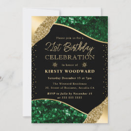 Winter Sequins Green und Gold 21. Geburtstag Einladung