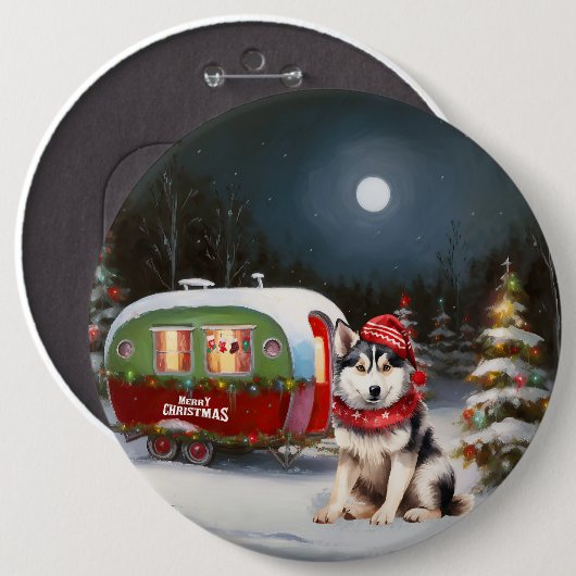 Winter Siberian Husky Caravan Weihnachtsabenteuer Button (Vorne & Hinten)