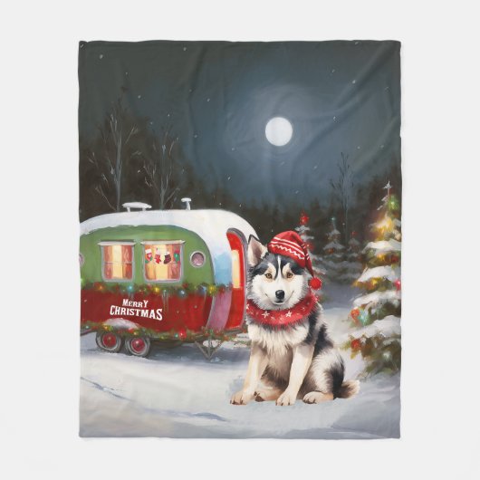 Winter Siberian Husky Caravan Weihnachtsabenteuer Fleecedecke (Vorderseite)