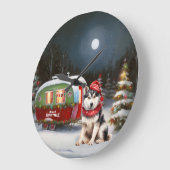 Winter Siberian Husky Caravan Weihnachtsabenteuer Große Wanduhr (Winkel)