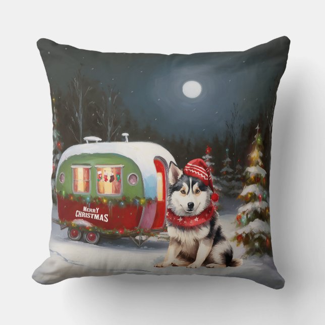 Winter Siberian Husky Caravan Weihnachtsabenteuer Kissen (Vorderseite)