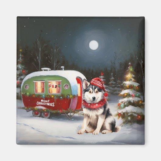 Winter Siberian Husky Caravan Weihnachtsabenteuer Magnet (Vorne)