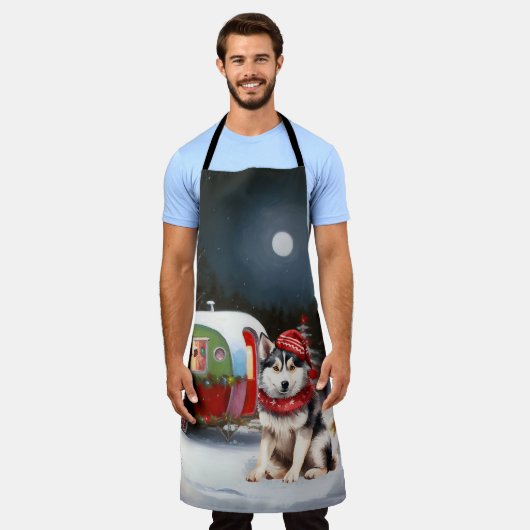 Winter Siberian Husky Caravan Weihnachtsabenteuer Schürze (Getragen)