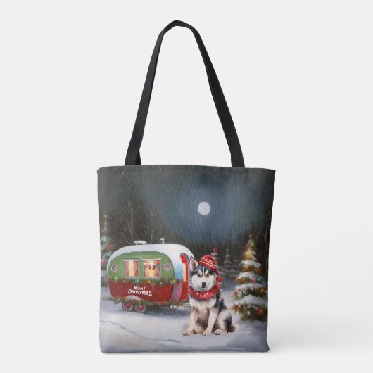 Winter Siberian Husky Caravan Weihnachtsabenteuer Tasche (Rückseite)