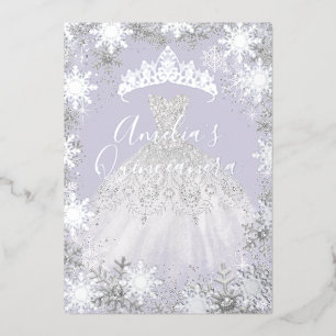 Winter Silber Lila Schneeflocke Quinceanera Folieneinladung