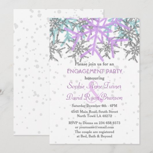 Winter Silber Lila Schneeflocken Engagement Party Einladung (Vorne/Hinten)