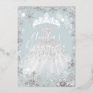 Winter Silver Blue Snowflake Quinceanera Folieneinladung