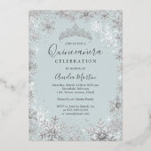 Winter Silver Blue Snowflake Quinceanera Folieneinladung (Rückseite)