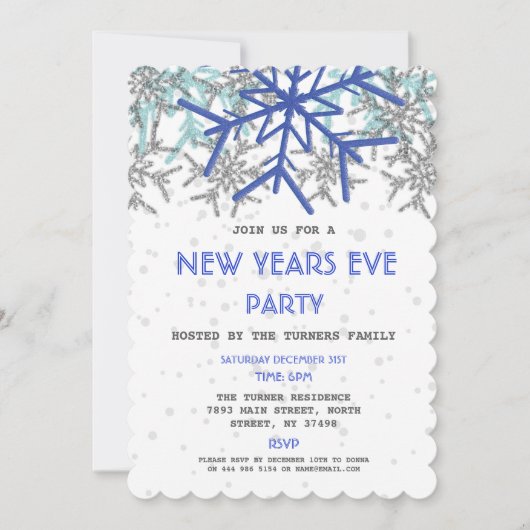 Winter Silver Blue Snowflake SILVESTER PARTY Einladung (Vorderseite)