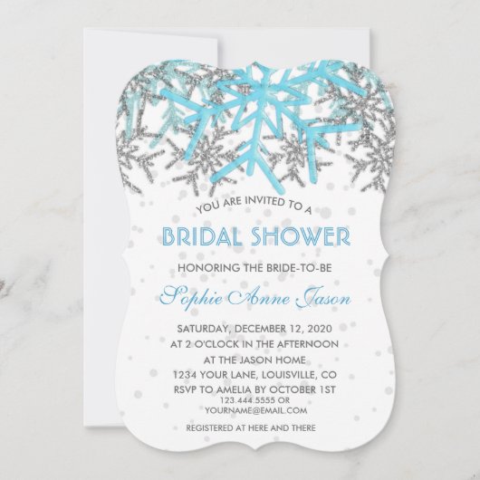 Winter Silver Blue Snowflakes Brautparty Einladung (Vorderseite)